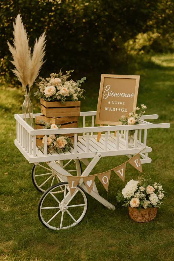 Charrette vintage en bois blanc – Image 3