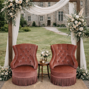 Fauteuils crapauds velours terracotta à franges
